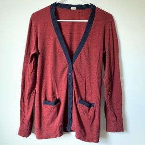 J. Crew Heathered Burgundy w/ Navy Trim V-neck Cotton Cardigan